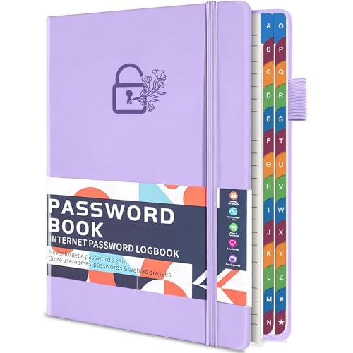 YeeCASE Password Keeper Book with Colorful Alphabetical Tabs, 5.8”x8.4” Hardcover Password Log-Book, 200 Pages/100 Sheets Password Notebook Organizer for Internet Website Address Login (Purple)