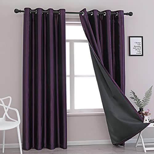 Image of GYROHOME Extra Long Curtains 120 Inch Long for Loft,Faux Silk Blackout Curtains Fully Lined Solid Window Treatment Drapes (2Panel,52x120inch,Purple)