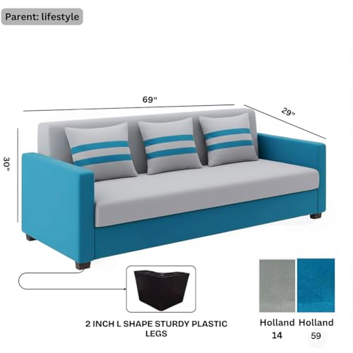 Image of FURNY Lifestylio 3 Seater Fabric Sofa Set (Light Grey-Aqua Blue) Premium Velvet Finish | Ideal for Living Rooms, Offices
