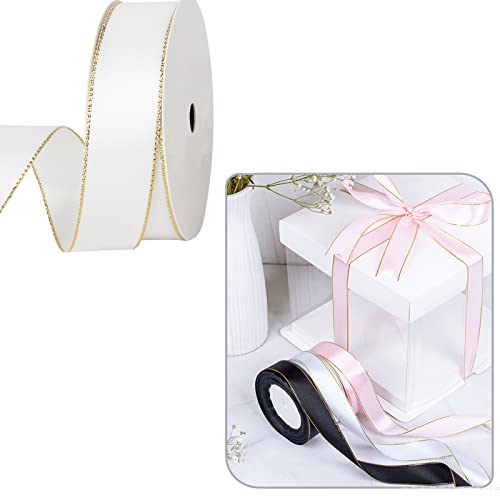 Viviquen White Double Faced Satin Ribbon With Gold Edge, 1” Polyester Continuous Ribbon -25 Yards,Wide Ribbon For Gift Wrapping,Wedding,Bows Bouquet,Floral Arrangement And Craft #TOP1