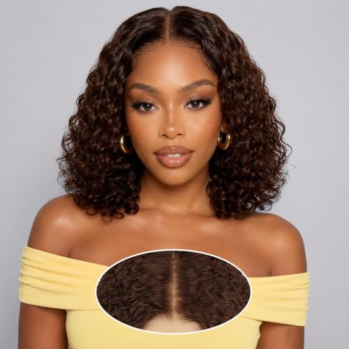 Kkioor Curly Bob Wig Human Hair 2x6 Lace Frontal Wig Pre Plucked Pre Cut Lace 180% Density 12 Inch Chocolate Brown Color Short Deep Wave Wet and Wavy Bob Human Hair Wig for Women