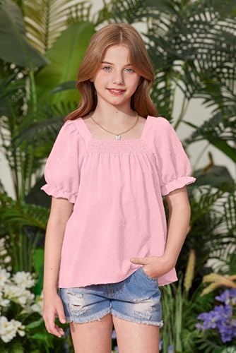 Image of BesserBay Girls Summer Puff Short Sleeve Square Neck Tee Shirts Ruffle Smocked Blouses Cute Swiss Dot Tops 5-14 Years