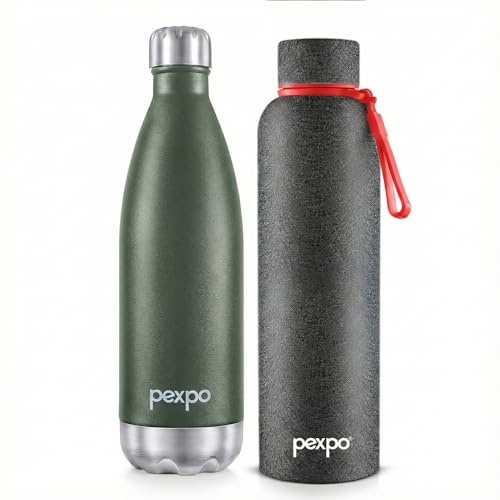 Image of PEXPO Bravo 980ml - Black and Electro 980ml - Military Green Stainless Steel Water Bottle ISI Certified | for Home, Office, Gym, Travelling