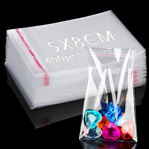Ziamzra 400 Pièces Sachet Cellophane Transparent 5x8cm Auto-adhésif OPP pour Emballage Plastique - Petits Sacs Bonbon Biscuit Chocolats Bijoux Perles Cadeau Noel