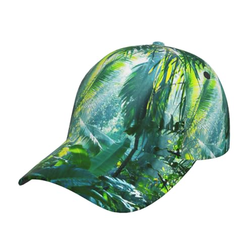 MDATT Tropical Palm Leaves Men Women Washed Adjustable Dad Hat for Outdoors,Flat Bill Snapback with High Ponytail Design