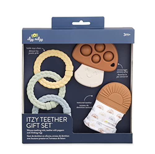 Image of Itzy Ritzy Teething Toy Gift Set - Includes 1 Teething Mitt with Crinkle Sounds, 1 Sensory Popper Toy & 3 Textured Linking Rings - Ideal for Sensory Play, Soothing Relief and Engaging Baby