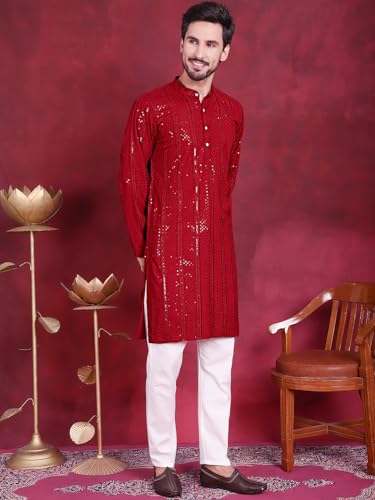 Image of Jompers Men's Regular Fit Rayon Sequins Chikankari Embroidered Kurtas