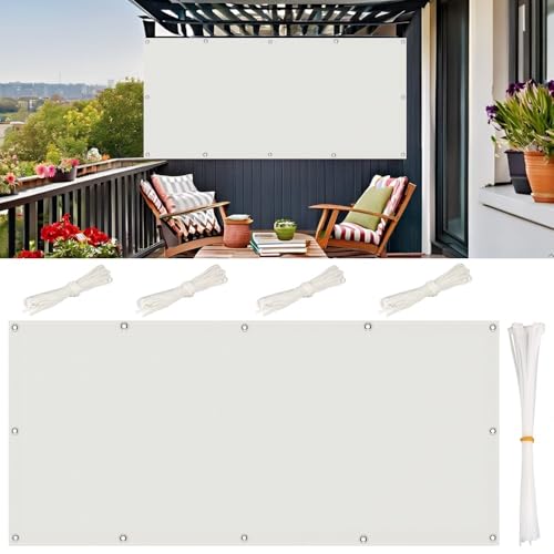 Balkon Sonnenschutz Wetterfest 70x200cm im Viele Größe und Farben, Balkonabdeckung Balkonsichtschutz Ohne Bohren, Sonnensegel Wasserdicht Rechteckig für Garten Terrasse, Weiß