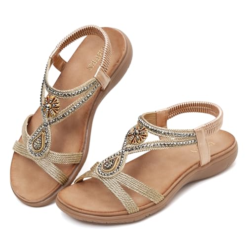 Image of UBFEN Womens Rhinestone Flat Sandals Comfortable Vacation Bohemian Style
