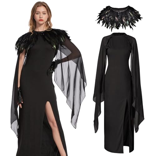 Aragallant Vestido Maléfica Mujer, Disfraz Reina Malvada, Vestido Gótico Negro con Manto de Plumas y Brazalete de Plumas, Ropa Medieval para Mujer Halloween Carnaval Cosplay (L)