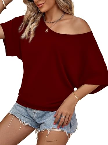 Image of Hilinker Womens Sexy Off The Shoulder Tops Short Batwing Sleeve T Shirt Oversized Casual Tee
