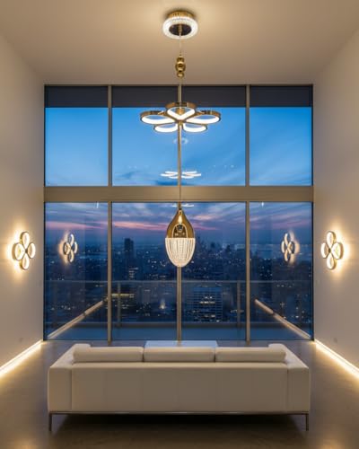 Image of swanart Florilight Modern Crystal Glass Ceiling Light with 3-in-1 Color Changing LED, Adjustable Height (75cm-110cm), Elegant Gold Finish for Home & Office Decor