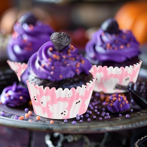 Image of 600 Pack Halloween Cupcake Liners Pink Ghost Baking Cups Standard Size Muffin Liners for Halloween Party Candy Cake Decorations Supplies