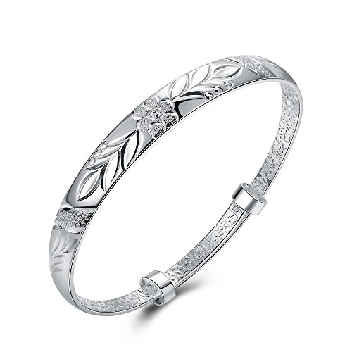 Yuren Women's 925 Sterling Silver Fu Flower Carved Bangle Bracelet 17.5g Weight 6.5CM for Wedding Gift