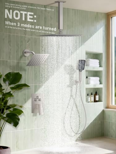 Image of Woindo Shower Faucet Set, 10 inch Ceiling Mount Rainfall Shower System with 2 Rain Shower Head and Multi-function Handheld Head Push Button Diverter Shower Faucet Trim Kit