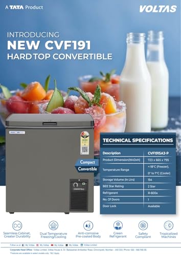 Image of Voltas Convertible Deep Freezer, Single Door, Top-Open, Grey, CVF191SA3-P-GE(2026 latest model),2 Star