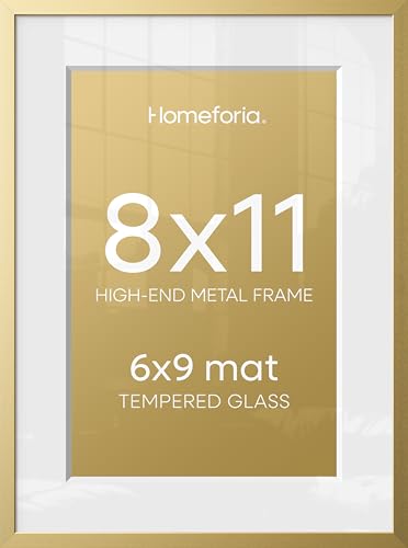 Image of Homeforia 8x11 Picture Frame Gold, High End Metal 8 x 11 Poster Frames with Mat 6 by 9 for Photo, 11x8 Frame Matted to 6x9 inch Print, 8by11 Wall or Tabletop Frames, Tempered Glass, Wall Kit, Set of 2