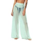 Womens Sexy Sheer Mesh Pants Boho Summer Beach Swimsuits Fashion Print Bikini Bottom High Waisted Wide Leg Trousers