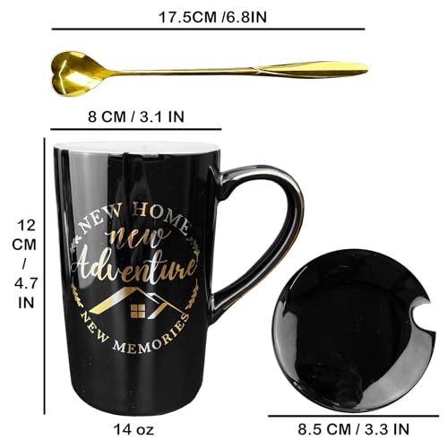 Housewarming Gifts for New Home - 14oz Ceramic Coffee Mugs Set, New Adventure New Memories Cup for Couple, First Home Essentials with Lids & Spoons in Luxury Gift Box - Image 4