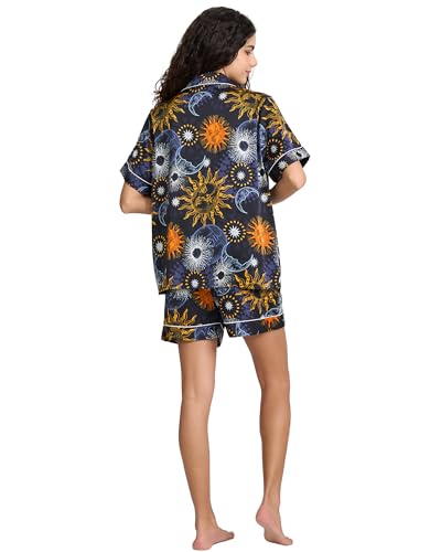 Image of YiNi LuLu Womens Silk Satin Shorts Pajamas Set Button Down 2 Piece Pjs Short Sleeve Oversized Sleepwear with Pockets