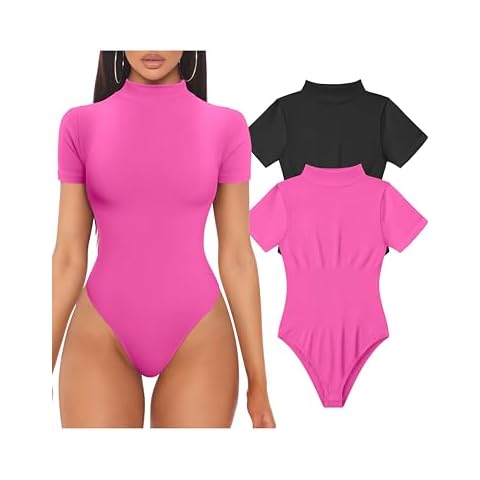 TOB Women's 2 Piece Bodysuits Sexy Ribbed High Neck Short Sleeve Tops Bodysuits Black Rose Cover