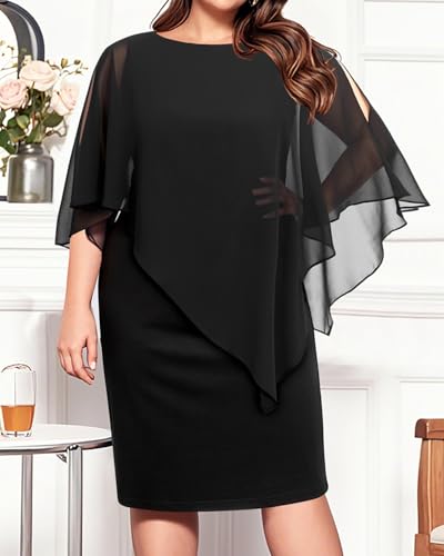 Pinup Fashion Plus Size Dresses for Wedding Guest - Women Cape Cocktail Party Chiffon Overlay Pencil Dress3