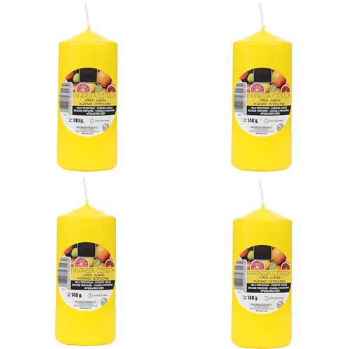 Set de 4 Candele Profumate Fantasia di Agrumi, Candela Giallo a Colonna Profumada 11x4.7cmcm, Candela Profumada 25 Ore di Combustione