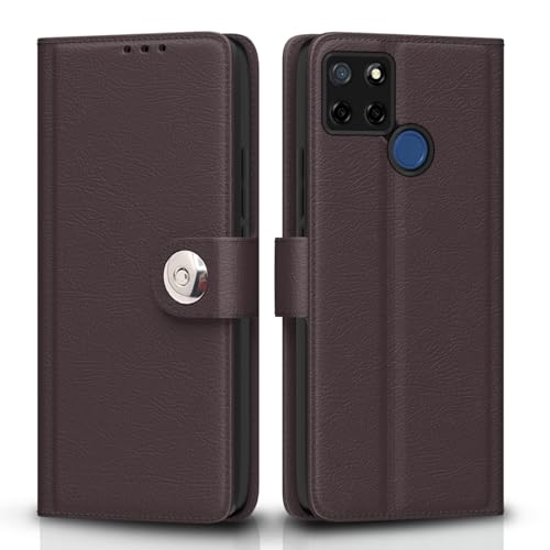 Image of Pikkme Flip Cover Leather Finish | Inside TPU with Card Pockets | Wallet Stand and Shock Proof | Complete Protection Button Flip Case for Realme C12 / Realme Narzo 20 / Narzo 30A / Realme C25 (Coffee)
