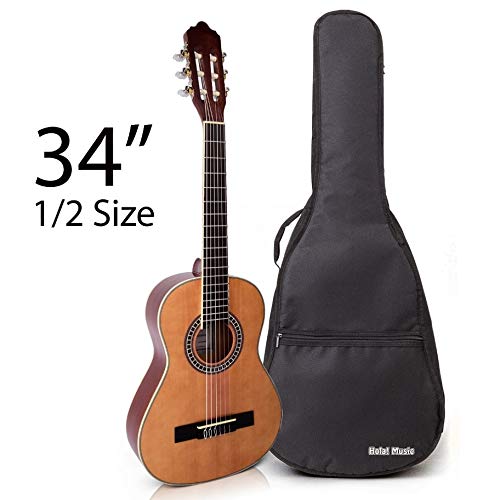 Classical Guitar with Soft Nylon Strings by Hola! Music, Half 1/2 Size 34 Inch for Junior Kids Model HG-34GLS, Natural Gloss Finish - FREE Padded Gig Bag Included