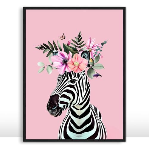 Moonow7 Floral Zebra Poster, Pink Animal Wall Art Print, Whimsical Decor for Bedroom, Nursery, Living Room, Unframed Size 30x40 cm / 12x16″