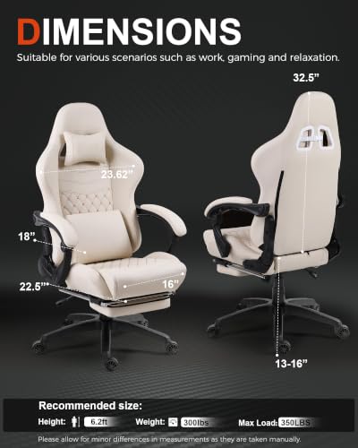 Image of Gaming Chair with Massage and Footrest, Big and Tall Ergonomic High Back PU Leather Computer Office Chair for Heavy Adults, Supports 350LBS, Ivory