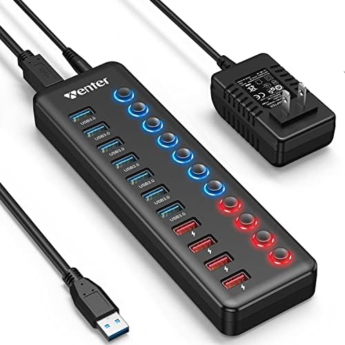 Powered USB 3.0 Hub, Wenter 11-Port USB Hub Splitter (7 Faster Data Transfer Ports+ 4 Smart Charging Ports) with Individual LED On/Off Switches, USB Hub 3.0 Powered with Power Adapter for Mac, PC