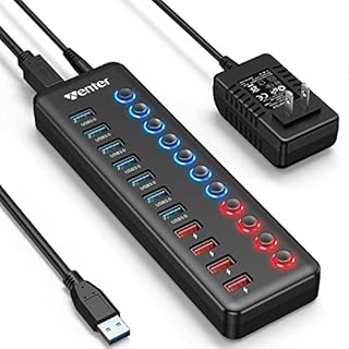 Powered USB 3.0 Hub, Wenter 11-Port USB Hub Splitter (7 Faster Data Transfer Ports+ 4 Smart Charging Ports) with Individual LED On/Off Switches, USB Hub 3.0 Powered with Power Adapter for Mac, PC