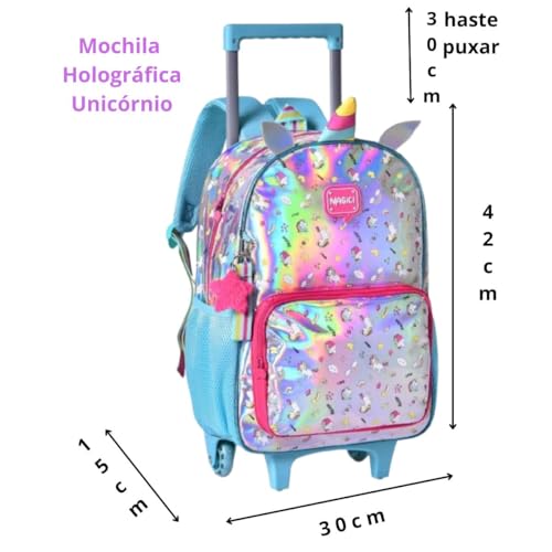 Kit Mochila Unicórnio Rodinhas + Lancheira + Estojo Clio