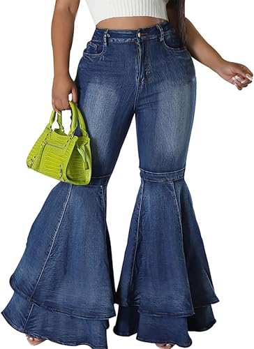 Cute Bell Bottom Jeans for Women High Waist Flare Jeans Patchwork Pleated Layered Ruffle Hem Wide Leg Denim Long Pants