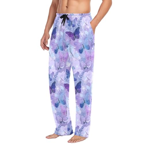 Butterflies Blue Purple Leaves Men Cotton Flannel Pajama Pants Mens Lounge Sleep PJ Bottoms S4