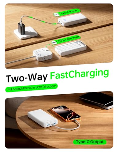 Image of Portable Charger,50000mAh Power Bank Built-in Cable, 22.5W PD USB C in & Out Fast Charging, External Battery Pack with 6 Output & 2 Input, Travel Essential for iPhone 17 /16 /15 /14 /13 /12(Creamy White)