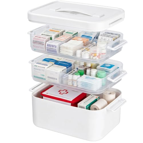 Image of Medicine Storage Box, 3-Layer First Aid Box with Compartments, Portable Multipurpose Storage Box Organiser, Emergency Medical Storage Kit for Family, for Home Office Car Travel - White (Medium Size)
