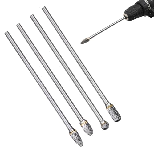 GIONAR 4Pcs Carbide Burr Set, Tungsten Die Grinder Bits, 145-154mm Extra Long Wood Carving Bits, 1/4 Shank Engraving Bits, Rotary Tool Bits for Metal Wood Mould Engraving, Polishing,Deburring