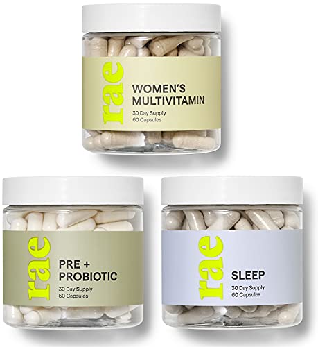 Rae Wellness Starter Set - Multivitamin for Women, Pre + Probiotic Supplement for Gut Health, Sleep Supplement for Relaxation - Vegan, Non GMO and Gluten Free (3 Pack) - 30 Day Supply