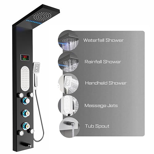 Image of ELLO&ALLO LED Shower Panel Tower System, Rainfall and Mist Shower Head Rain Massage with Body Jets, Brushed Black