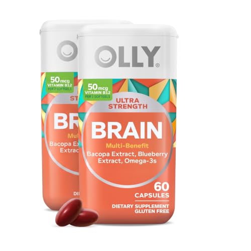 OLLY Ultra Strength Brain Softgels, Nootropic, Supports Healthy Brain Function, Memory, Focus and Concentration, Omega-3s, Vitamins B6 and B12, 30 Day Supply - 60 Count (Pack of 2)