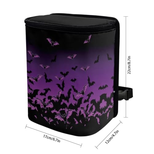 Image of Talayituse Purple Black Bat Print Car Trash Can Portable Auto Garbage Bin Multifunctional Vehicle Interior Accessories with Adjustable Straps Universal Fit Truck SUV Sedan Halloween Decor