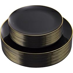 KIRE 60PCS Black Plastic Plates - Black Disposable Plates with Gold Rim - Include 30Pcs 10.25inch for Dinner and 30Pcs 7.5inch for Dessert for Wedding/Graduation/Party/Father's Day