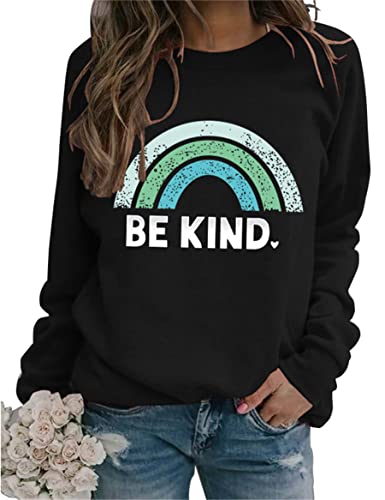 Sea Zaela Women Be Kind Oversized Sweatshirts For Woman Long Sleeve Tops Crewneack Cute Graphic Loose Fit Pullover Black Kind Large