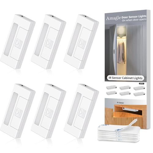 Amagle 6 Pack Door Open Sensor Cabinet Lights, Cordless LED Cabinet Closet Light, Battery Operated Cupboard Drawer Light Door Activated Stick on Puck Lights for Inside Kitchen Cabinets, Closets by Amagle - Used condition - US$16.99