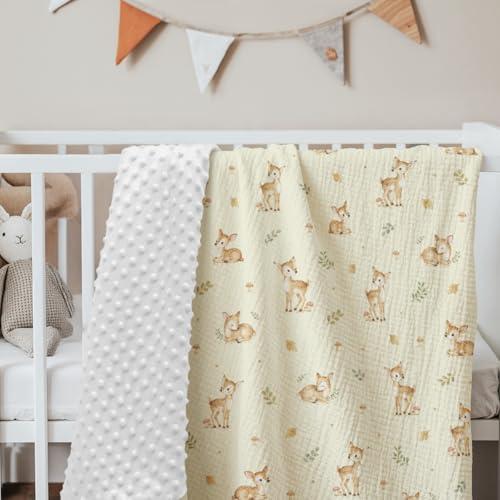 Image of SANDJEST Deer Minky Muslin & Dotted Blanket 30x40 in Gift for Holiday, Gender Reveal Party, Hospital Visit, Baptism