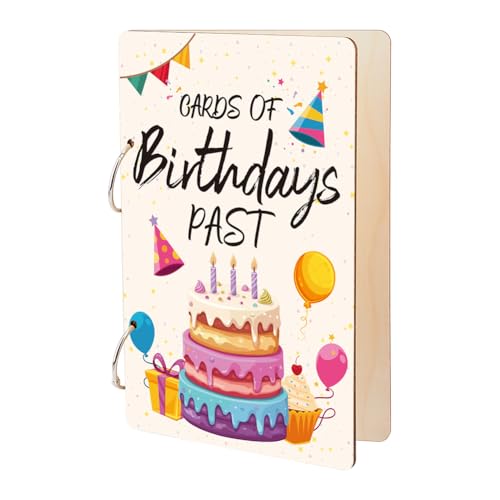 SUPERDANT Cards of Birthdays Past Greeting Card Organizer Birthday Cake Planning Book Binder Cards Keeper Card Holder Wooden Loose Leaf Photo Album 2-Rings Cover Keepsake for Birthday Holiday