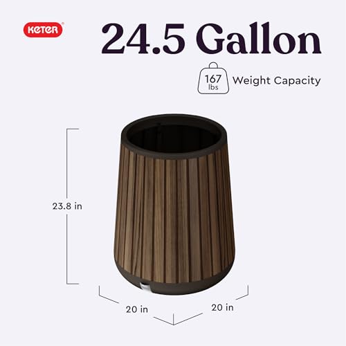 Image of Keter Signature Conic 23.8 Inch Tall Round Large Wood Look Planter for Indoor or Outdoor Flower Pot Ideal for Patio Deck and Front Porch Decor, Rosewood