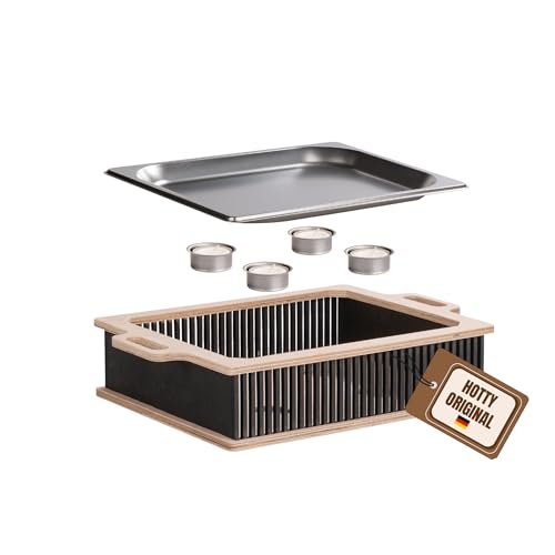 INEXTERIOR Hotty Legacy – Warmhalteplatte fürs Grillen - Grillgut Stövchen mit BBQ-Design – Speisenwärmer – Warmhaltebehälter mit Kerzen - BBQ-Board Grillparty (Schwarz, M)